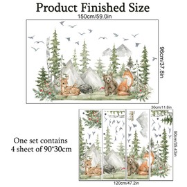 Woodland Nursery Wall Stickers, 4 Sheet of 12x36 inch Giant Mountain Forest Tree Wall Decal, Nursery Wallpaper Peel and Wall Décor for Kids Room