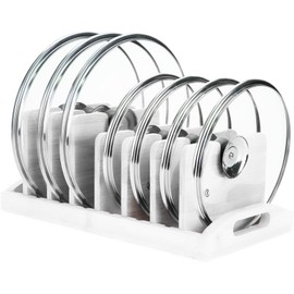 Bamboo Pot Lid Organizer for Cabinet & Kitchen Counter, Pot Lid Holder, Pan Lid Organizer Inside Cabinet, Bamboo Pot and Pan Organizer, Adjustable Pot Lid Organizer Holder Rack for Countertop Drawer.