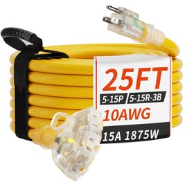 PlugSaf 25 FT 10 Gauge Outdoor Extension Cord with Multiple Outlets Light Indicator, Flexible 3 Outlet Weatherproof Heavy Duty Extension Cord Waterproof Yellow, 15A 1875W 10AWG SJTW, ETL Listed