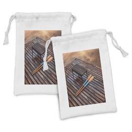 Lunarable Oar Fabric Pouch Set of 2, Paddles on Old Wooden Pier Board by the Lake Mystic Summer Background Vacation Image, Small Drawstring Bag for Toiletries Masks and Favors, 9" x 6", Brown Tan