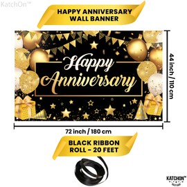 KatchOn, Happy Anniversary Banner Black and Gold - XtraLarge, 72x44 Inch | Happy Anniversary Decorations for Party, Happy Anniversary Backdrop | Happy Anniversary Sign, Wedding Anniversary Decorations