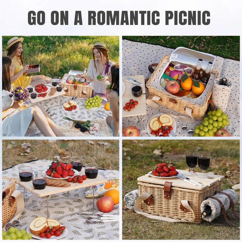 HappyPicnic Picnic Basket for 4, Handmade Wicker Picnic Set with