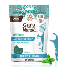 GuruNanda Quad Clean Floss Picks 4-in-1 with Tongue Scraper, Interdental Pik & Toothpick, Non-Shred Dyneema Thread, with Xylitol & Baking Soda, 300 ct