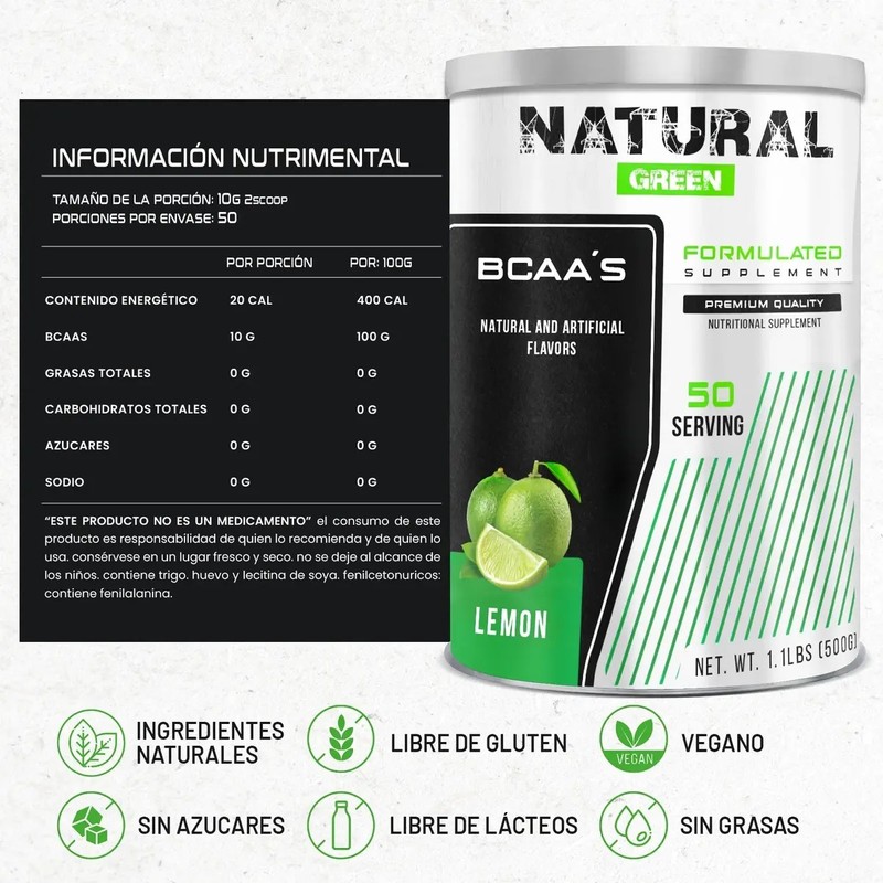 Bcaas Aminoácidos Green 50 Servicios 500g Sabores