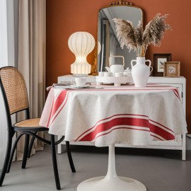 Vintage French red striped Table Cloth,white Cotton Linen Tablecloth Washable Reusable Table Cover for Kitchen Dinning Farmhouse Tabletop Decoration (Round,150)