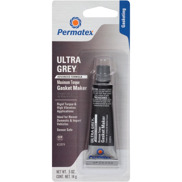 Permatex 22074 Ultra Grey Rigid High-Torque RTV Silicone Gasket Maker, Sensor Safe And Non-Corrosive, For High Torque And Vibration Resistant Applications, 0.5 oz
