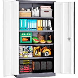 Pataku Metal Storage Cabinet, 71" Garage Cabinet with Doors and Shelves Lockable Steel Multifunctional Cabinet, Tool Cabinet for Garage, File Cabinet for Home, Office, Warehouse(White Grey)