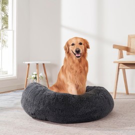 Dog & Cat Bed: Round Faux Fur Pet Bed - Plush, Cozy, & Calming Donut Bed for Large Pets - Soft & Comfortable Sleeping Cushion for Napping & Lounging, 30" Round, Dark Gray