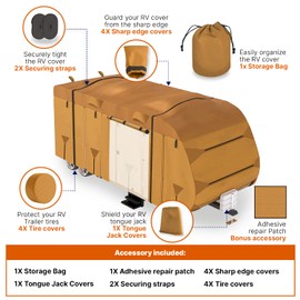 Lanceton 16-18 ft Travel Trailer Camper RV Cover Package Premium Heavy-Duty Waterproof Anti-UV Breathable Fabric Including Jack Cover 4 Tire Covers and 2 Secure Straps