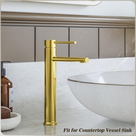 Phiestina Brushed Gold Tall Bathroom Vessel Sink Faucet, Single Hole Single Handle Above Counter Sink Bathroom Faucet, with Pop Up Drain and Water Supply Line,NS-SF03-V-BG