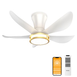 DAMINY 30 Inch White and Gold 5 Blade Ceiling Fan with Light, Modern Ceiling Fan with Remote,Large Airflow,Flush Mount,6CCT,Dimmable,Noiseless,Bedroom