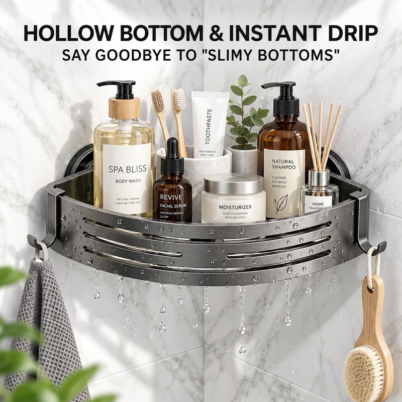 2 PCS Corner Shower Caddy Suction Cup with Hooks, No-Drilling
