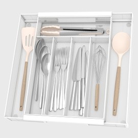 Sedegn Silverware Organizer Metal Mesh, Drawer Organizer, Utensil Cutlery Tray for kitchen drawers,Expandable Flatware Organizer with 7 Compartment White 9.4"~17.3" x 13.7"