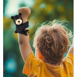 DolliBu Black Bear Stuffed Animal Slap Bracelet - Fluffy Wild Animal Magnetic Snap Bracelet for Kids, Wearable Plush Slap Bracelet Wrist Band Toy for Children's Accessory Play, Party Favor - 4.25 Inch
