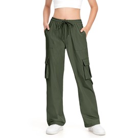 HASMES Girls Cargo Pants Kids Sweatpants Joggers Hiking Pants Waterproof Parachute Pants with Pockets 7-15Y Green