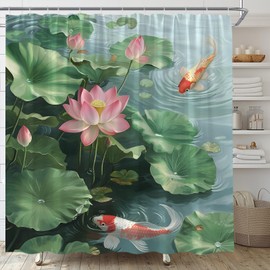 Lotus Shower Curtain Asia Floral Japanese Carp Koi Water Lily Lake Pond Nature Fabric Bathroom Decor Set,70x70 inch