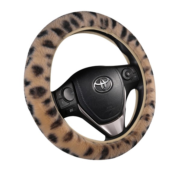 Fluffy Auto Center Console Cover, Leopard-Printed Steering Wheel Cover for Women Furry Steering Wheel Cover for Women Girl Fit Most Car Fashion Fluffy Steering Wheel Covers (camel)