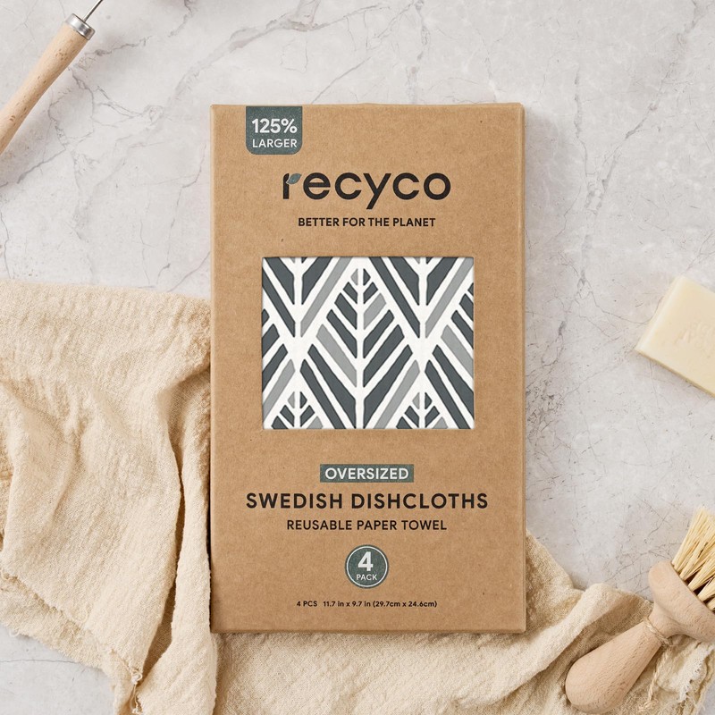 RECYCO Swedish Dishcloths for Kitchen | 4 Pack Oversized Washable