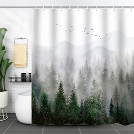 ZCHOMI Green Misty Forest Shower Curtain Pine Tree Mountain Nature Woodland Bathroom Curtains Waterproof Polyester Fabric Bath Curtain 72 x 72 Inch with 12 Hooks