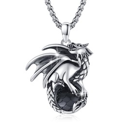 JFASHOP Dragon Chain 925 Sterling Silver Dragon Pendant Necklace Gothic Retro Fisth Scale Stone Oxidised Retro Vintage Gothic Punk Cool Dragon Jewellery for Men Women Girls, Sterling Silver