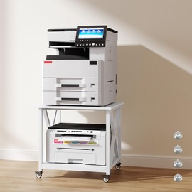 Vokumba 2 Tier Large Printer Cart & Printer Table with Wheels, 23.6"x23.6" Mobile Wood Printer Stand for with Storage - for Home Office Equipment, Portable Washing Machine/Dryer, White