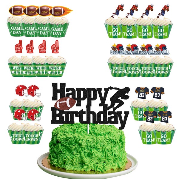 Decoración para tarta de cumpleaños de fútbol americano con diseño de pelota de rugby para cupcakes, para hombres, niños y mujeres, Super Bowl Party Touchdown, suministros para fiestas temáticas, 25 unidades
