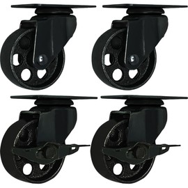 FactorDuty 4 All Black Metal Swivel Plate Caster Wheels w/Brake Lock Heavy Duty High-Gauge Steel (3" Combo)