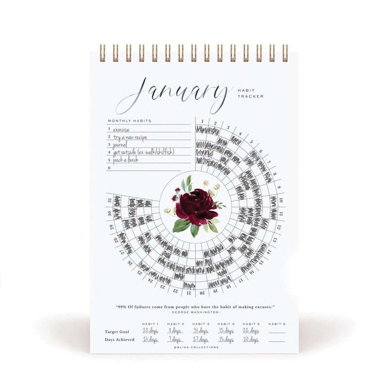 Bliss Collections Habit Tracker Calendar Notepad, Gold Spiral Bound Botanical