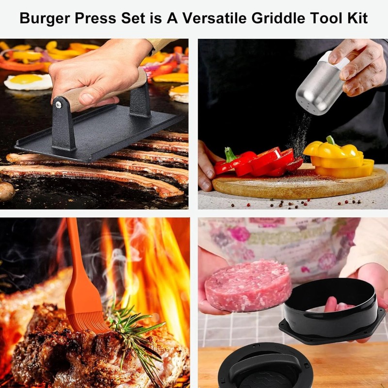 POLIGO 5‑PC Smash Burger Press Kit – Cast Iron Griddle