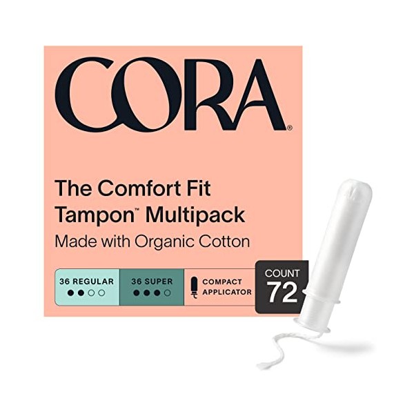 Cora Organic Applicator Tampon Multipack | 36 Regular and 36 Super Absorbency | 100% Organic Cotton, Unscented, Plant-Based Compact Applicator | Leak Protection, Easy Insertion, Non-Toxic