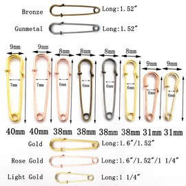 Brooches Heavy Duty Safety Pins 1.6"/38mm/31mm Metal Spring Lock Pin Fasteners for Clothes Hats Skirts Dressessewing Garments DIY Craft Making 60pcs (Light Gold, 31mm)