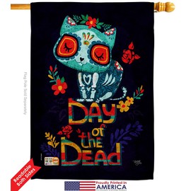 Skull Cat Garden House Flags Kit Falltime Day of Dead Dia De Los Muertos Fiesta Mexican Party Autumntime Small Decorative Gift Yard Banner Double-Sided Made In USA 28 X 40