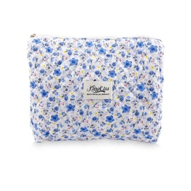 Yovell Quilted Makeup Bag Floral Makeup Bag Cute Make Up Pouch Travel Organizer Toiletry Cotton Cosmetic Bags for Women Girls (Blue Flower)
