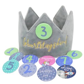 Sugeru Velvet Birthday Crown with 11 Buttons Numbers from 1-8 for Children, Girls, Boys, Crown Birthday, Children's Birthday Party Decoration, Party Hats, Record Growth of Children, Reusable (Grey)