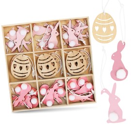 Sprinlot Wooden Easter Bunny for Hanging, 24 Easter Pendants Rabbit and 12 Easter Eggs in a Wooden Box, Easter Bunny Pendant, Easter Decoration for Hanging, Easter Bunny Wood, Easter Decoration for