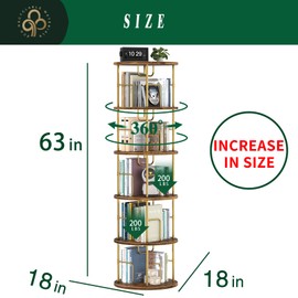 5Tier Rotating Bookshelf, 360 ° Display Stackable Spinning Bookshelf Tower, Narrow Space Saving Tall Floor Standing Swivel Bookcase Corner Storage Organizer for Bedroom/Living Room/Office，Gold