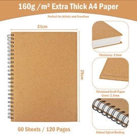 A4 Skizzenbuch 160 g/m², Skizzenblock 120 Seiten, Hardcover, Spiralbindung, Dickes Papier, Zeichenblock zum Zeichnen, Illustrationen, Portraits – Ideal für Studenten und Hobbyzeichner (60 Blatt)