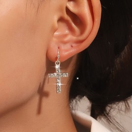 TseenYi CZ Cross Hook Earrings Cross Drop Earrings Silver Rhinestone Cross Earrings Shiny CZ Cross Dangle Earrings Religious Crucifix Earrings Jewellery for Women and Girls Gifts