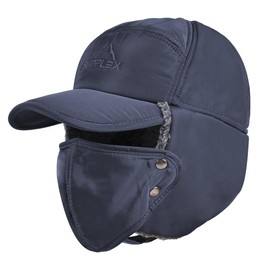Mens Winter Trapper Hat - Russian Hat with Ear Flaps and Face Mask, Snow Hat with Visor, Warm Baseball Caps for Men Women