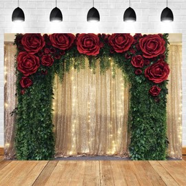 ASDCXZ 10x8ft Golden Glitter Wedding Backdrop Red Rose Green Leaves Photography Background Gold Sequin Wall Arch Bridal Shower Banner Decorations Birthday Baby Shower Portrait Photo Booth Prop