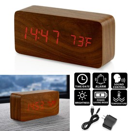 OCT17 Wooden Digital Alarm Clock, Multi-function Smart Alarm Clock, LED Light Alarm Clock with USB Power Supply, Voice Control, Thermometer - Brown