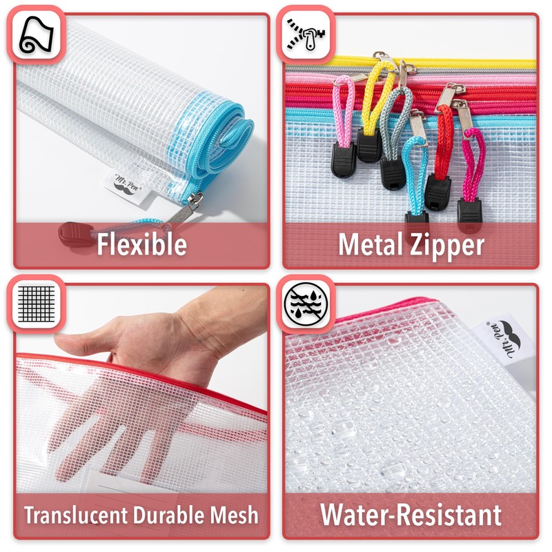 Mr. Pen- Plastic Mesh Zipper Pouch with Label Pocket, A4,
