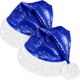 SATINIOR 2 Pcs Adult Sequin Santa Hat Unisex Christmas Hat Santa Claus Cap Xmas Hat with Lining and Plush Brim for Women Men(Blue)