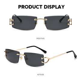 Heptagram Rimless Rectangle Sunglasses for Men Women Small Narrow Square Shades Frameless 70s 90s Eyewear Sun Glasses (Grey)