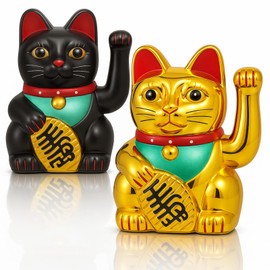 Wovnet 2 Pcs 5 Inch Lucky Cat Waving Arm Chinese Maneki Neko Lucky Good Fortune Cat Fengshui Welcoming Decoration for Home Decor Battery Operated (Battery Not Included)