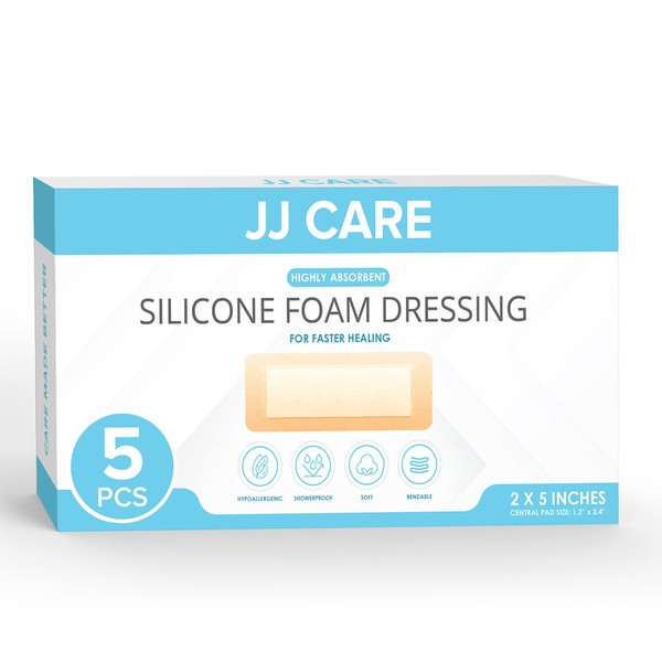 JJ CARE Silicone Foam Dressing 2x5 [Pack of 5, Silicone Bandages for Wounds, Waterproof Wound Dressing with Silicone Adhesive Border, Absorbent Bed Sore Bandages for Wound Care