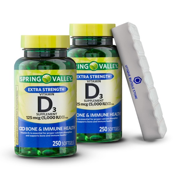 Spring Valley, Vitamin D3 Softgels, Vitamin D3 5000 IU, 250 Count + 7 Day Pill Organizer Included (Pack of 2)