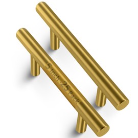 Mega Handles 25 Pack I Cabinet Pulls 5 Inch, Stainless Steel Cabinet Handle Pulls I Ideal for Kitchen Drawer, Cabinets, Door, Cupboard I Hardware for Cabinets - Hole Distance 3 Inch - Satin Brass