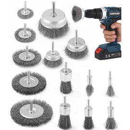 14-Piece Wire Brush Drill Metal Set, Round Shaft 6 mm, Removal and Polishing, Piece for Drill, Corrugated Steel Wire, in Set Discs, Pot, Brush and Cylinder Steel Brush