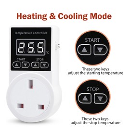 XIEHUZA Digital Thermostat Plug Socket, LCD Screen Temperature Controller with Water Proof Sensor Probe, Heating Cooling Temperature Switch Outlet for Reptile Greenhouse Terrarium Home, 10A